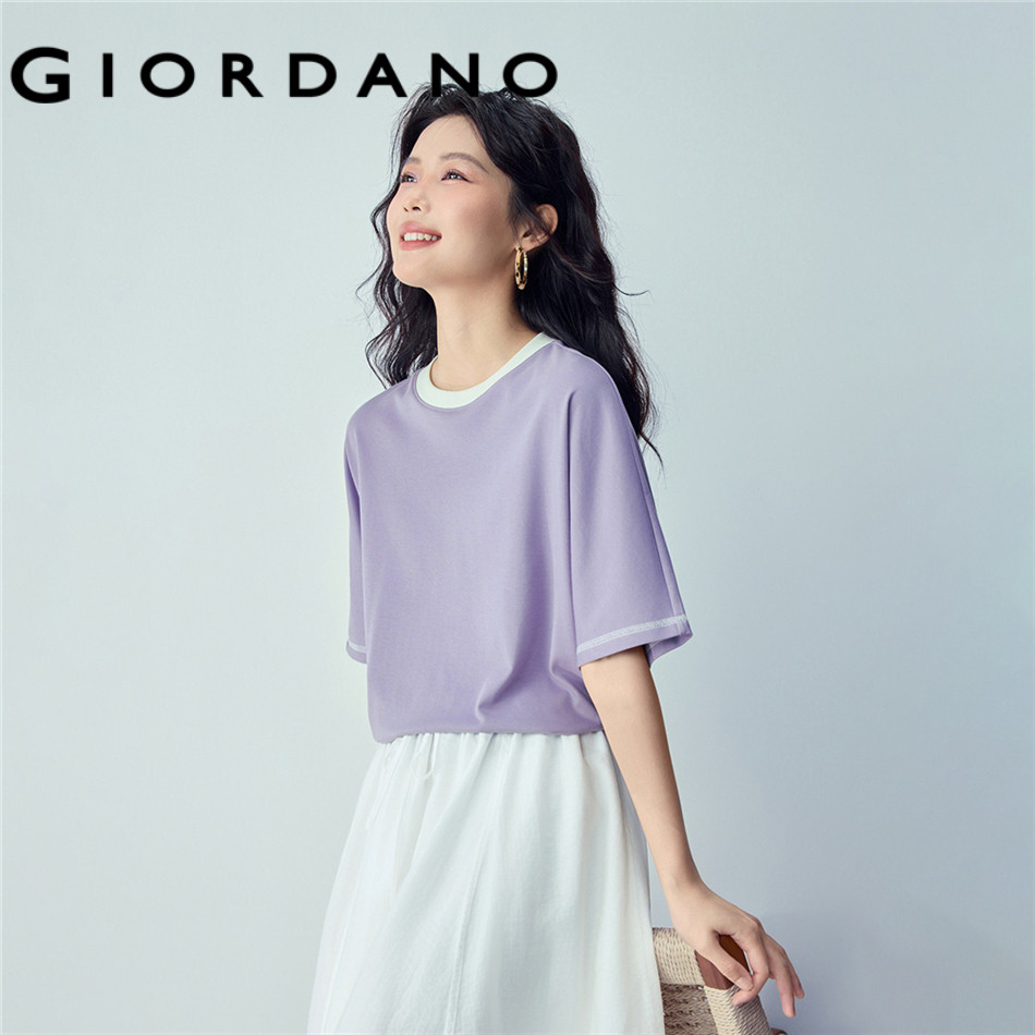 GIORDANO WOMEN Contrast crewneck elbow length sleeve cotton tee 05326397