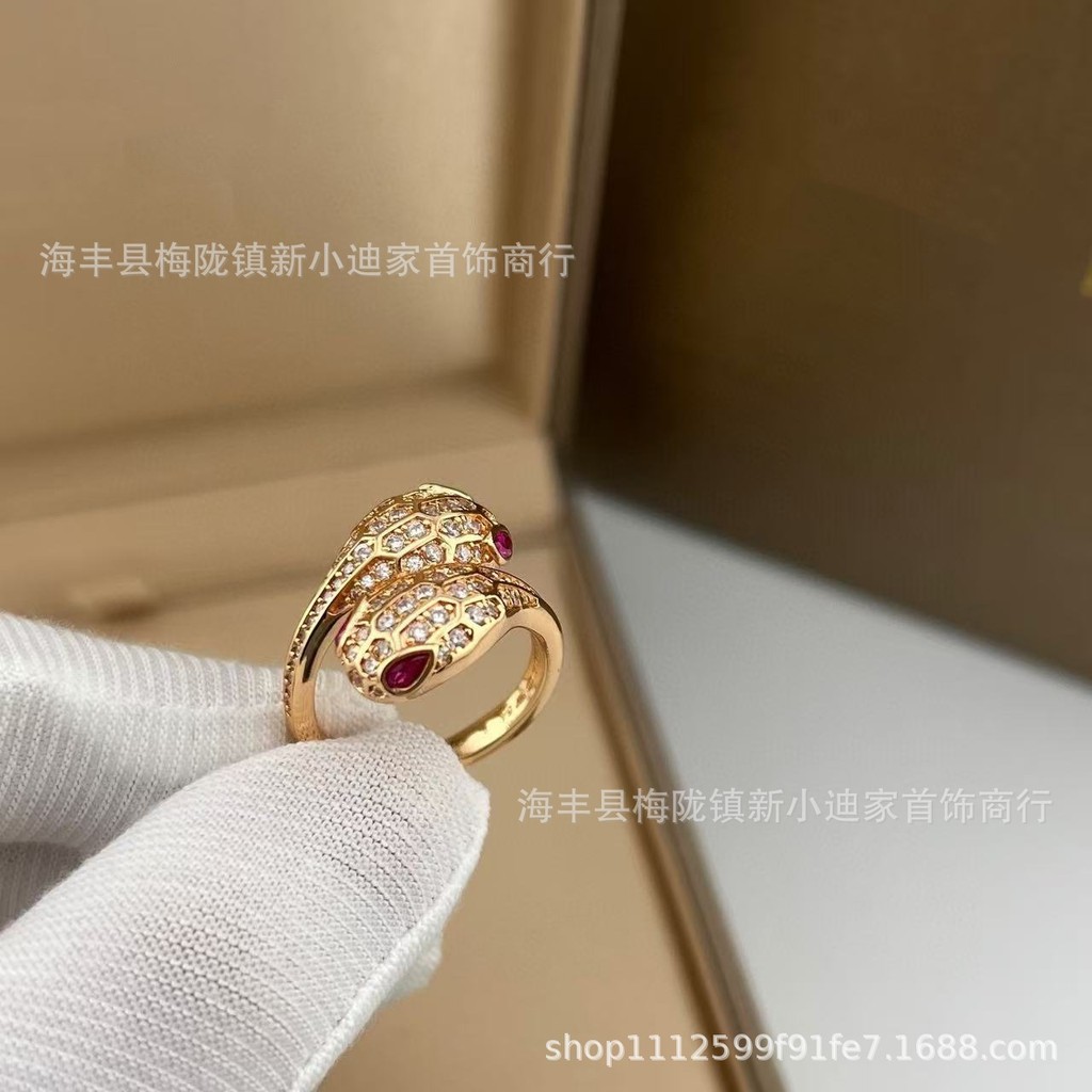 V Gold Full Diamond Double Snake Head Ring Plated18k Rose Gold Red Eye Diamond Open Snake Ring