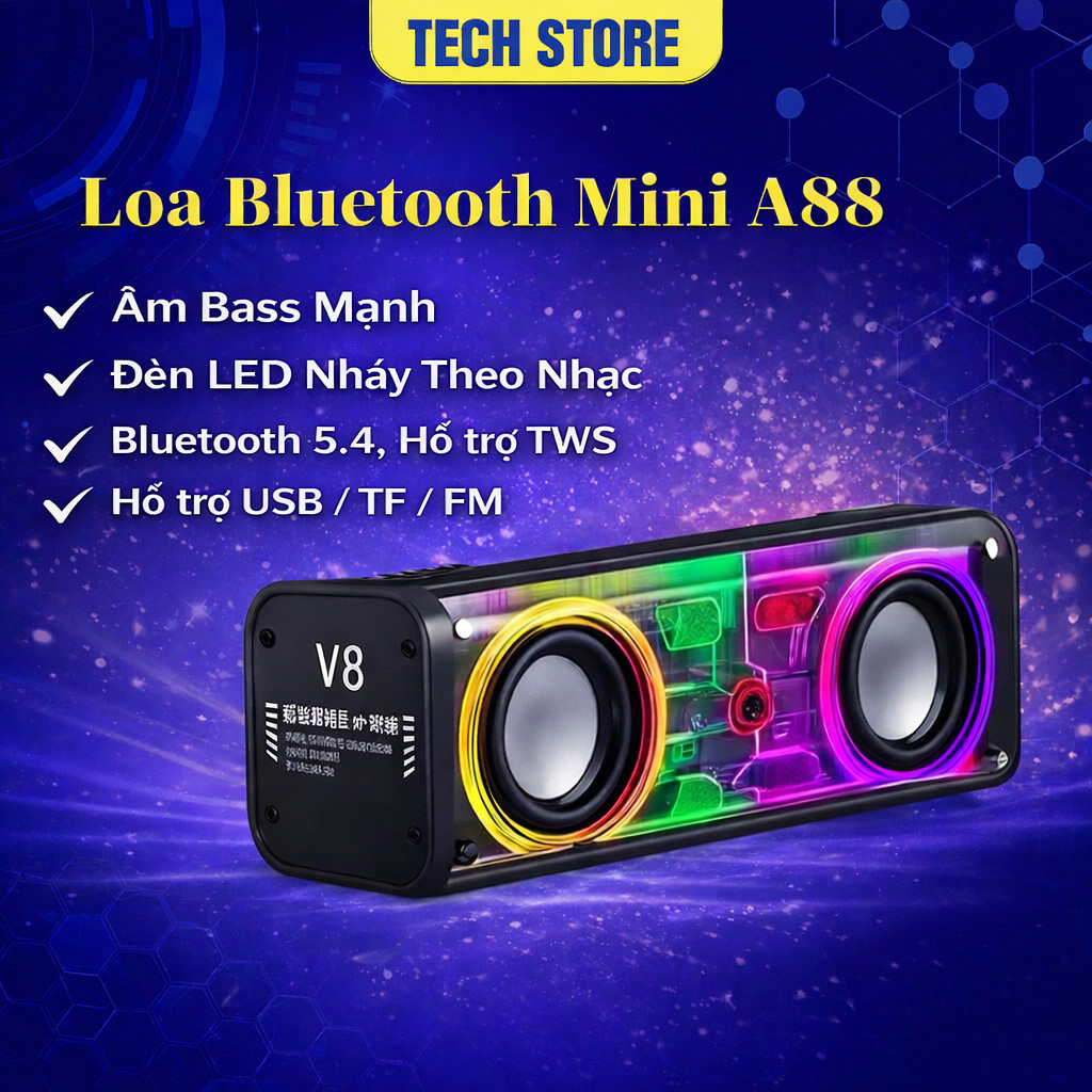 Loa Bluetooth Mini A88 - Âm Bass Mạnh, Đèn LED Nháy Theo Nhạc, Công Suất 10W, Nghe Nhạc Cực Hay