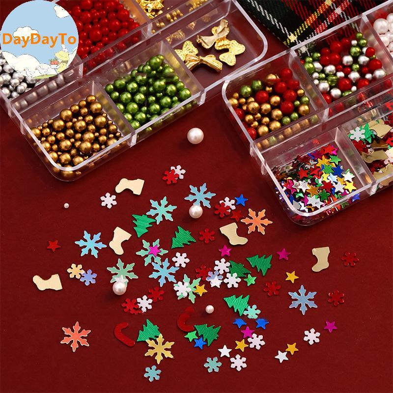 DayDayTo Giáng Sinh Đỏ / Xanh Ngọc Trai Móng Tay Kim Cương Giả Kích Thước Hỗn Hợp Ngọc Trai Hạt Nhiề