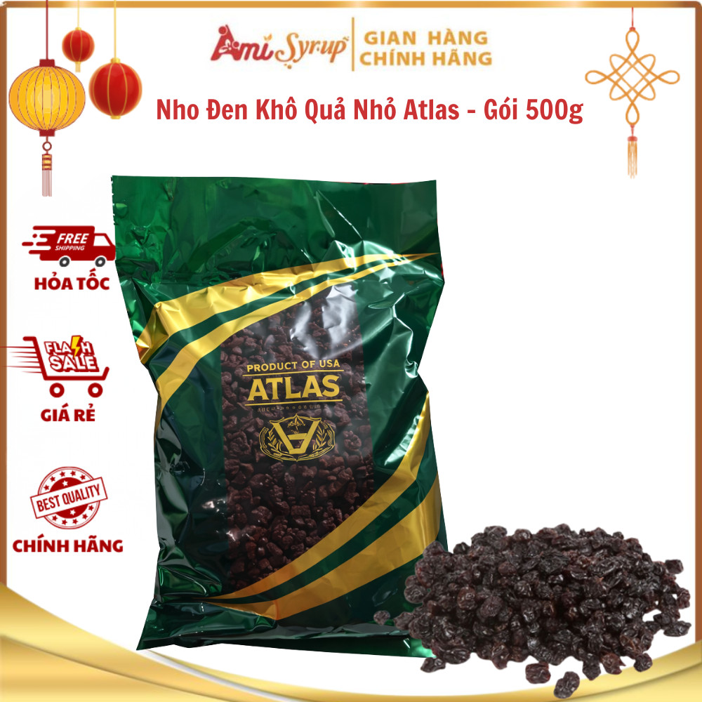 Nho Đen Khô Quả Nhỏ Atlas Gói 500g Vị Ngọt Đậm, Dẻo Thơm Không Đường, Không Chất Bảo Quản