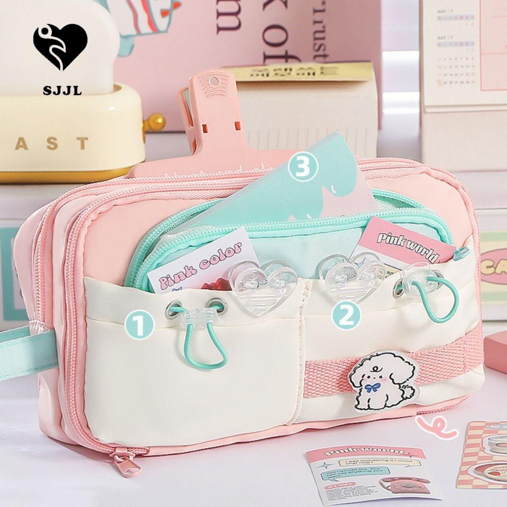 SJJL Túi đựng bút chì dễ thương, Hộp đựng bút chì học sinh nhiều lớp phong cách lật, Kawaii INS Canv