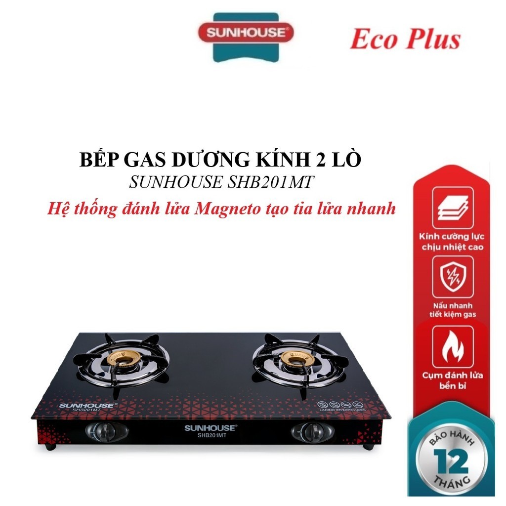 Bếp gas dương kính SUNHOUSE SHB201MT, Hệ thống đánh lửa Magneto tạo tia lửa nhanh, Kiềng bếp độc lập