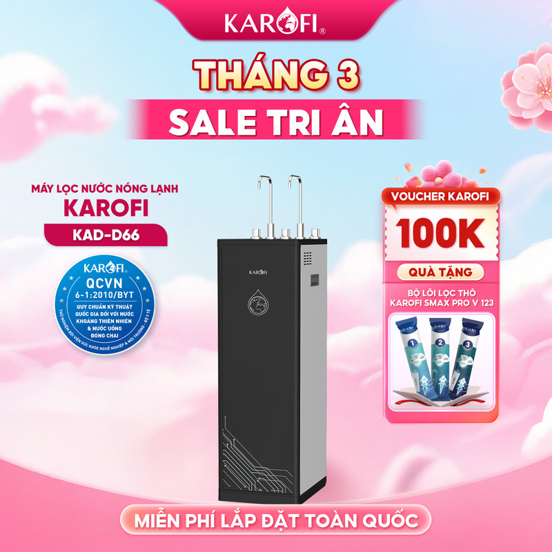 [TẶNG BỘ LÕI] Máy lọc nước nóng lạnh 11 lõi chính hãng Karofi KAD-D66, màng RO Mỹ, Bảo hành 36 tháng