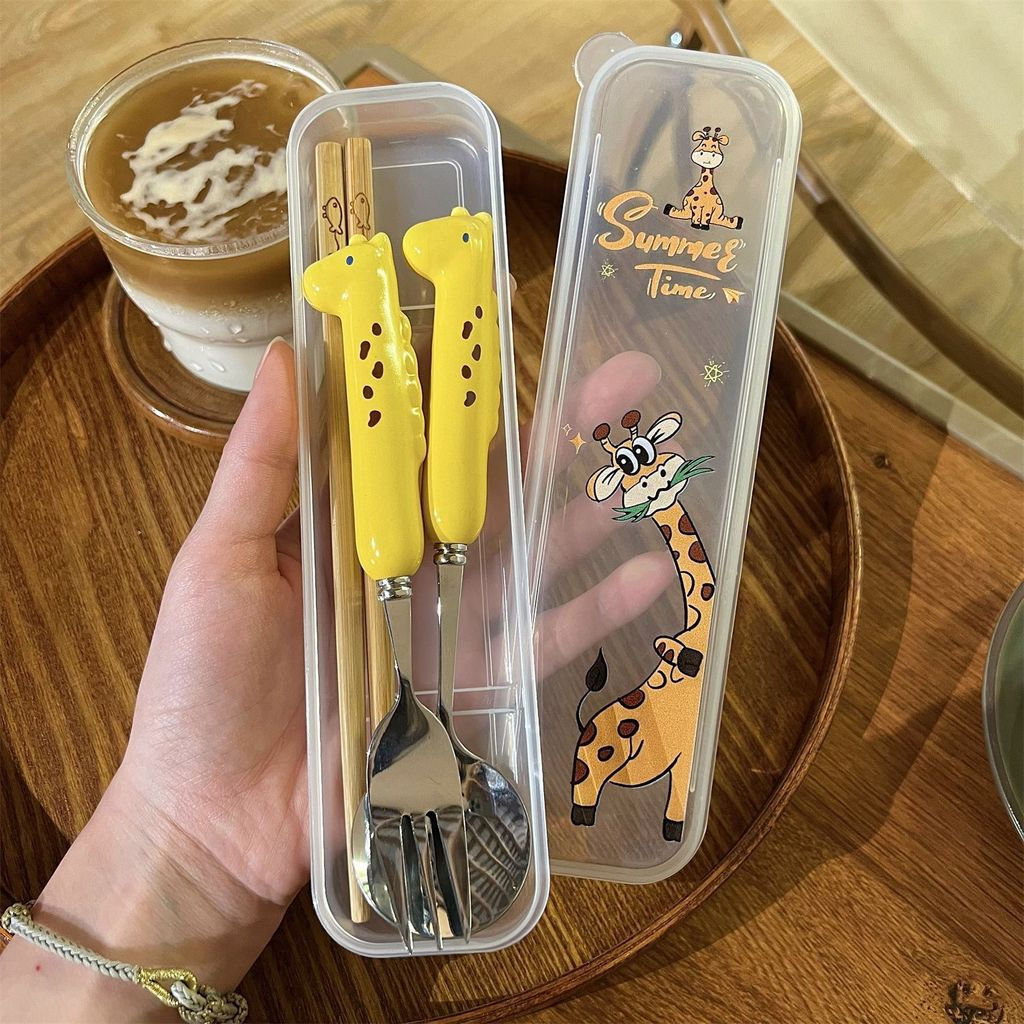 JUA Cartoon Cute Cutlery Set Chopsticks, Spoon, and Fork - Three-Piece Set for Students and Girls, P