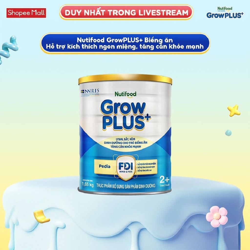 [LIVESTREAM KOL] Sữa Bột Nutifood GrowPLUS+ Biếng Ăn (Xanh) 2+ - Tăng Cân Khỏe Mạnh (Lon 1,65 Kg)