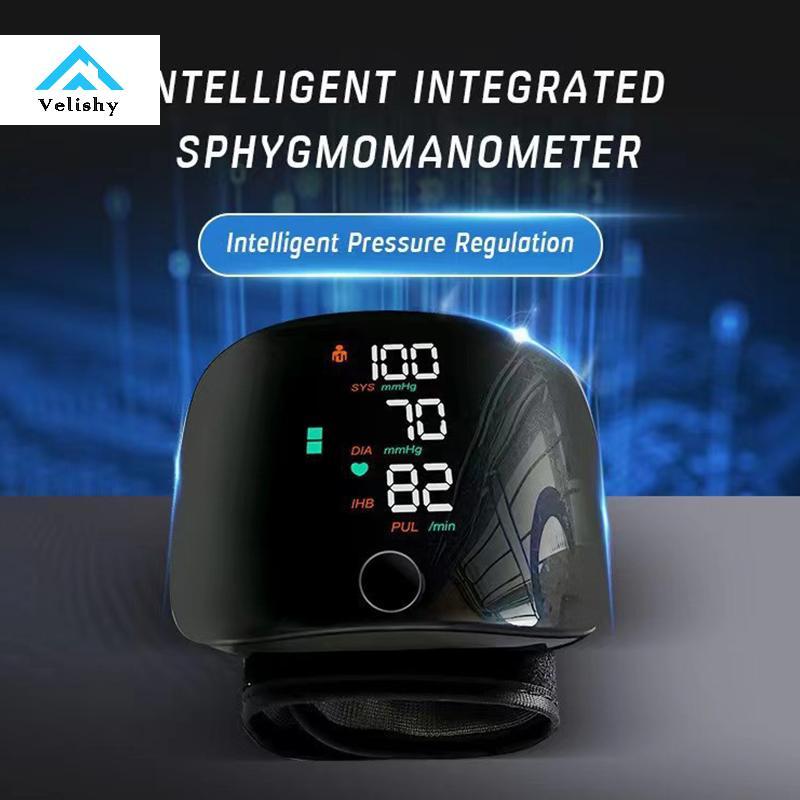 Máy đo huyết áp cổ tay kỹ thuật số Velishy Máy đo huyết áp giọng nói tự động Máy đo nhịp tim Cảm ứng thông minh Màn hình LCD Sạc máy đo huyết áp