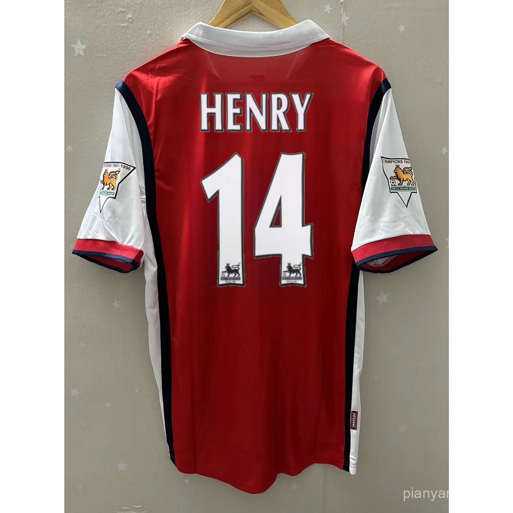 Áo bóng đá retro 1997-1998 sân vận động Emirates với hình Henry Bergkamp, có thể tùy chỉnh
