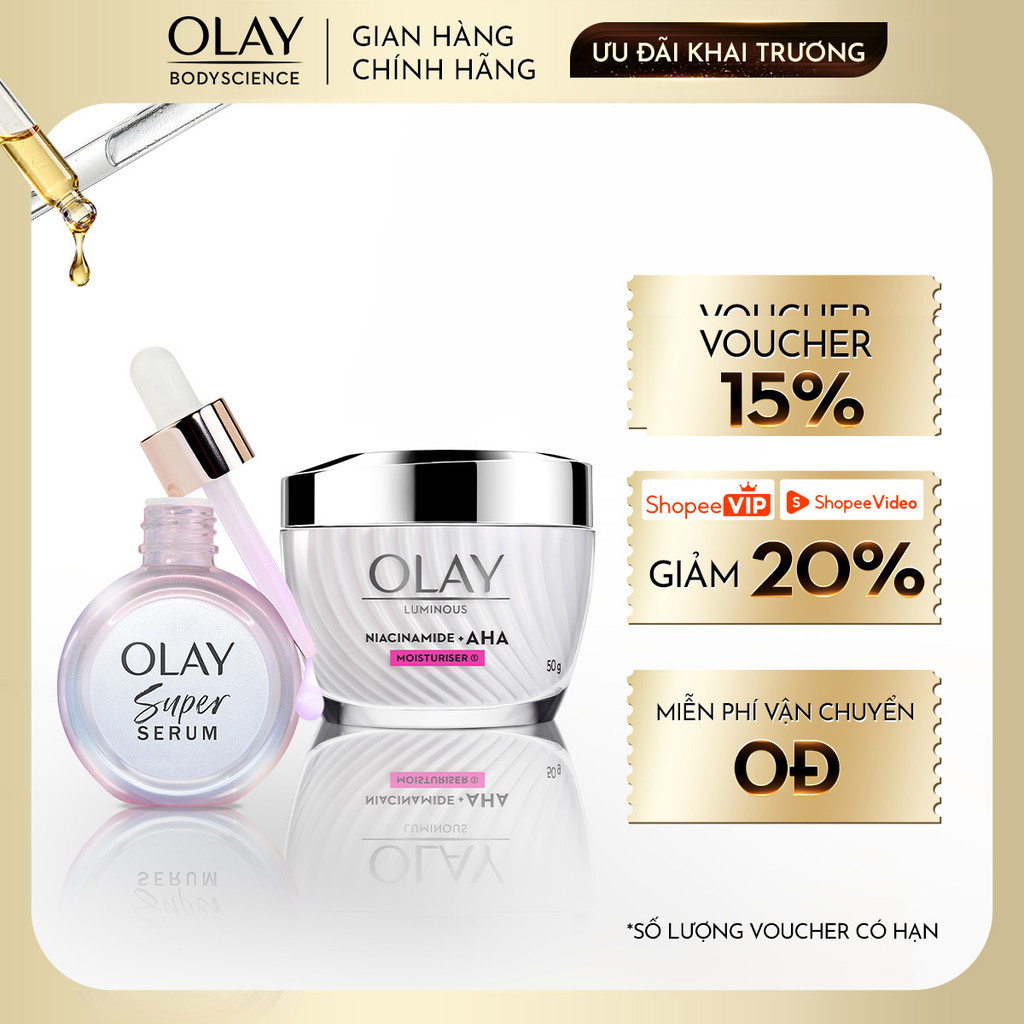 Combo Super Serum OLAY 5IN1 Chai 30ml + Kem Dưỡng Sáng Da OLAY Luminous Niacinamide Kết Hợp AHA 50G
