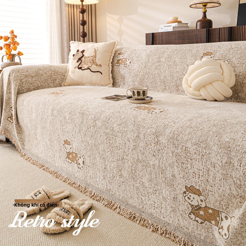 Khăn Phủ Sofa Chenille Họa Tiết Corgi  Chống Mèo Cào  | Giặt Máy Không Lo | Phong Cách Kem - KEJI