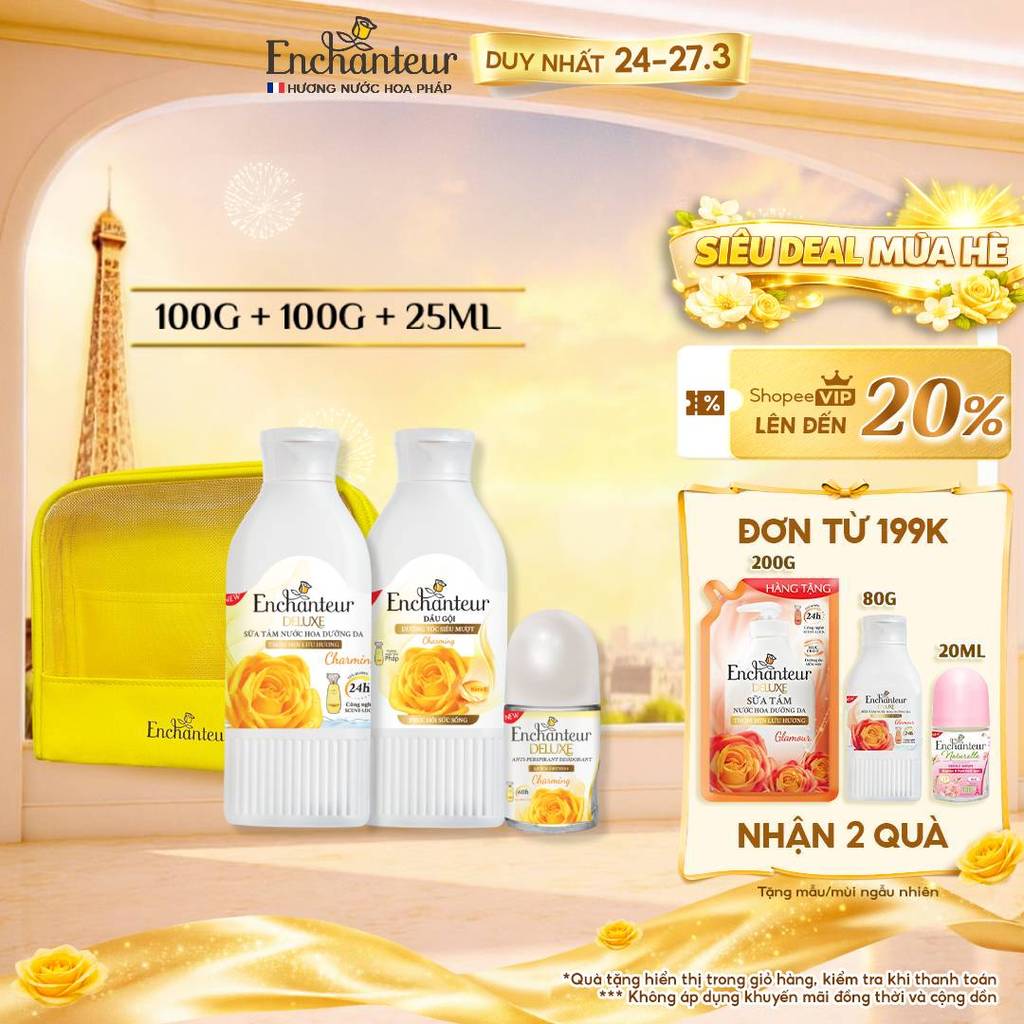 [TẶNG TÚI DU LỊCH] Set 3 Món Mini Du Lịch Tiện Lợi Enchanteur Charming Travel Kit – Sữa Tắm + Dầu Gội + Lăn Khử Mùi 25ml