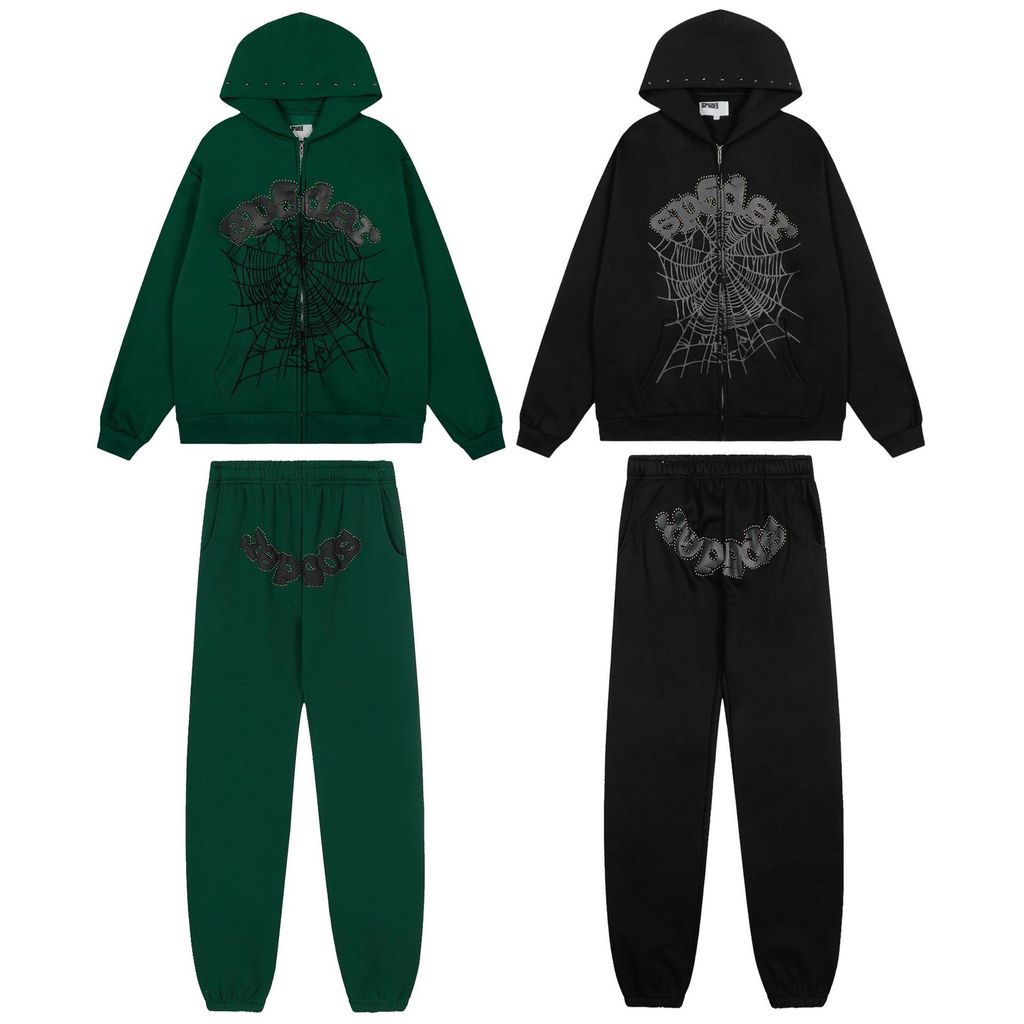 V6RL Spot Goods Sp5der Spider Web Rivet Zipper Hoodie and Jogger Pants High Street Fleece-Lined Set