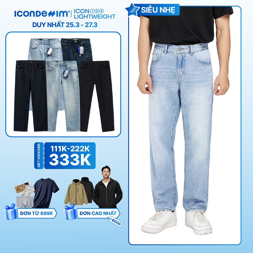 Quần jeans nam ICONDENIM, quần bò ống đứng, dáng suông, công nghệ Lightweight siêu nhẹ, chống nhăn tốt ICON105