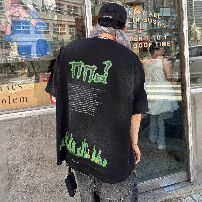 8230 NONNOD Vintage distressed washed spray-painted printed short-sleeve shirt vibe Loose-fitting co