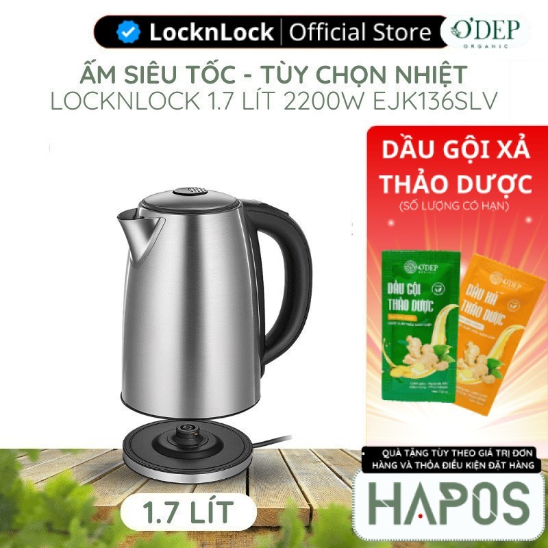 Ấm đun siêu tốc LocknLock 1.7L 2200W tùy chọn nhiệt độ sôi, giữ ấm pha sữa EJK136SLV - Chính Hãng - 