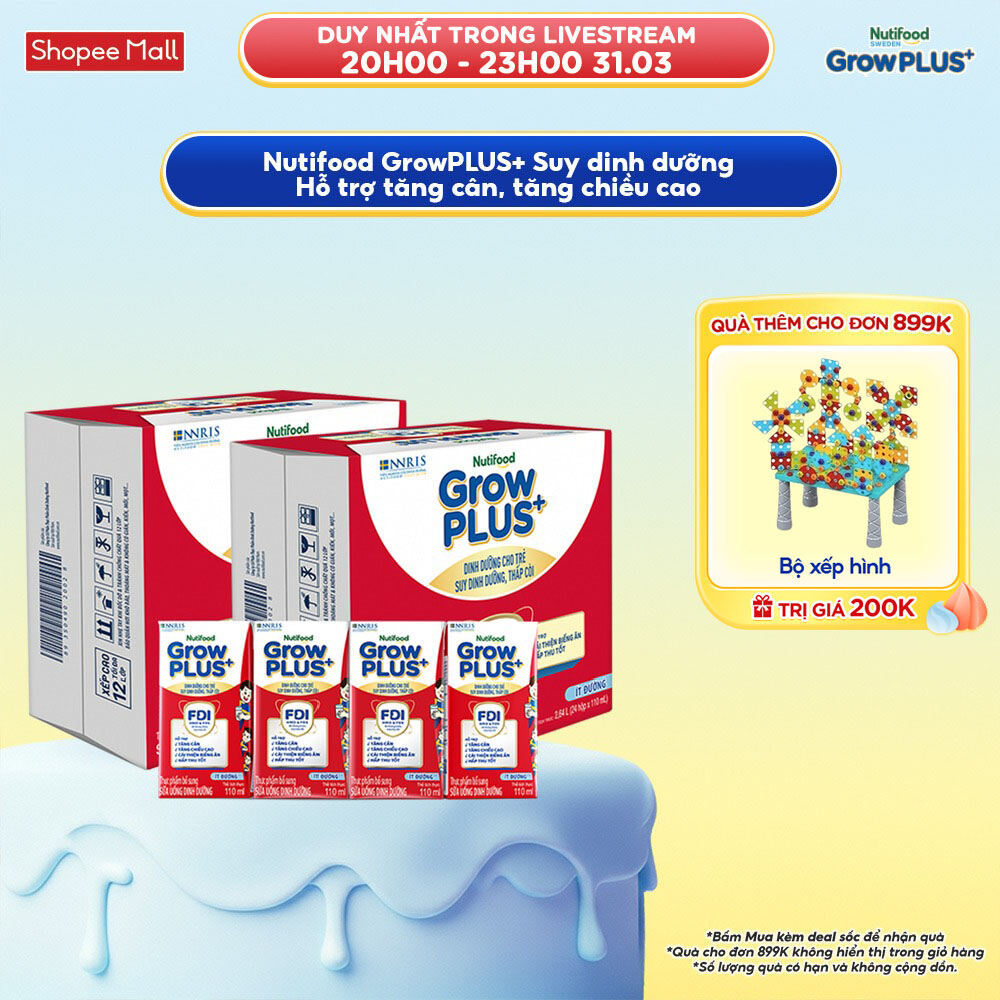 Thùng SBPS Nutifood GrowPLUS+ ít đường Suy Dinh Dưỡng - Tăng Cân, Tăng Chiều Cao (48 Hộp x 110ml) (B