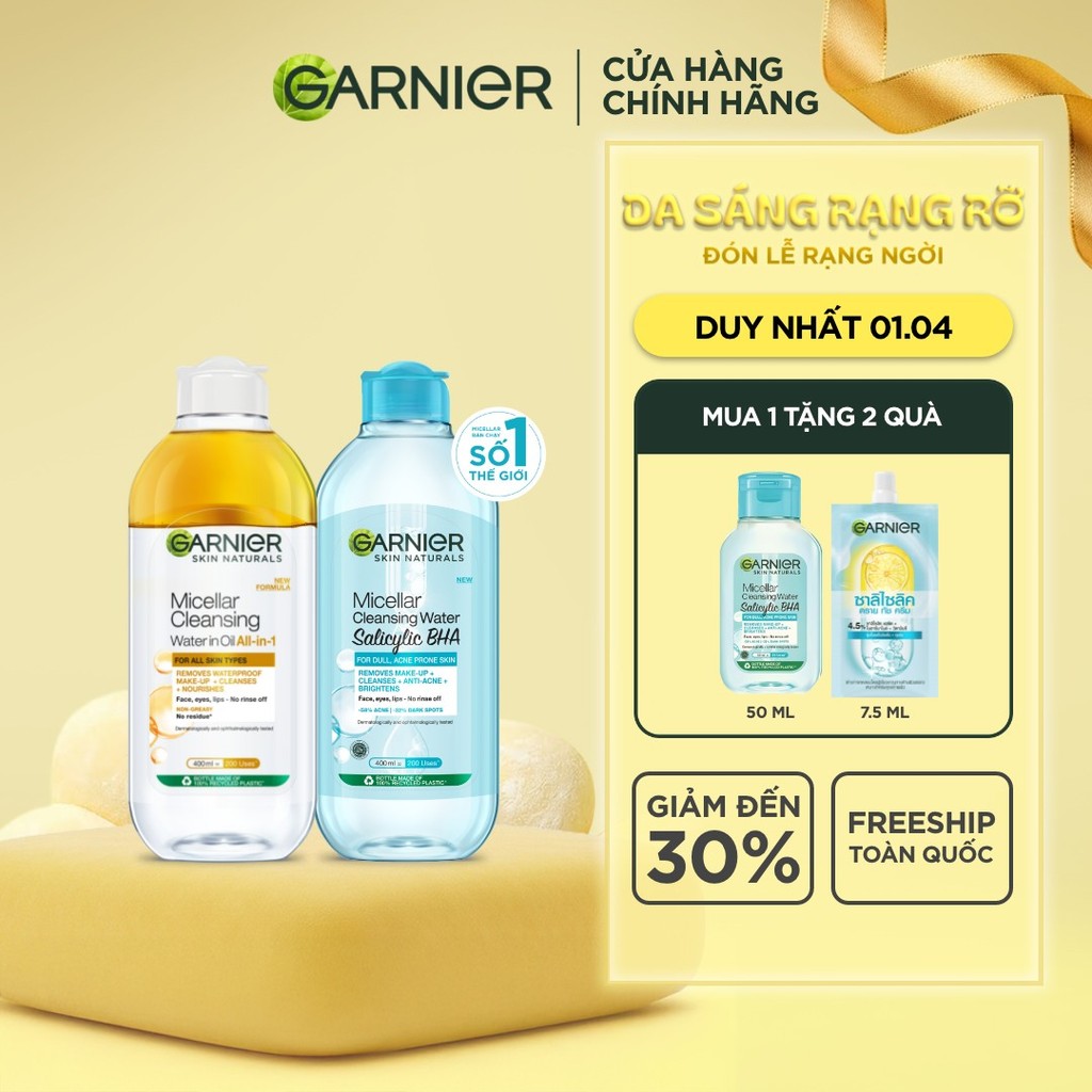 Bộ 2 Nước tẩy trang dành cho da dầu mụn & trang điểm Garnier Micellar Water (400mlX2)