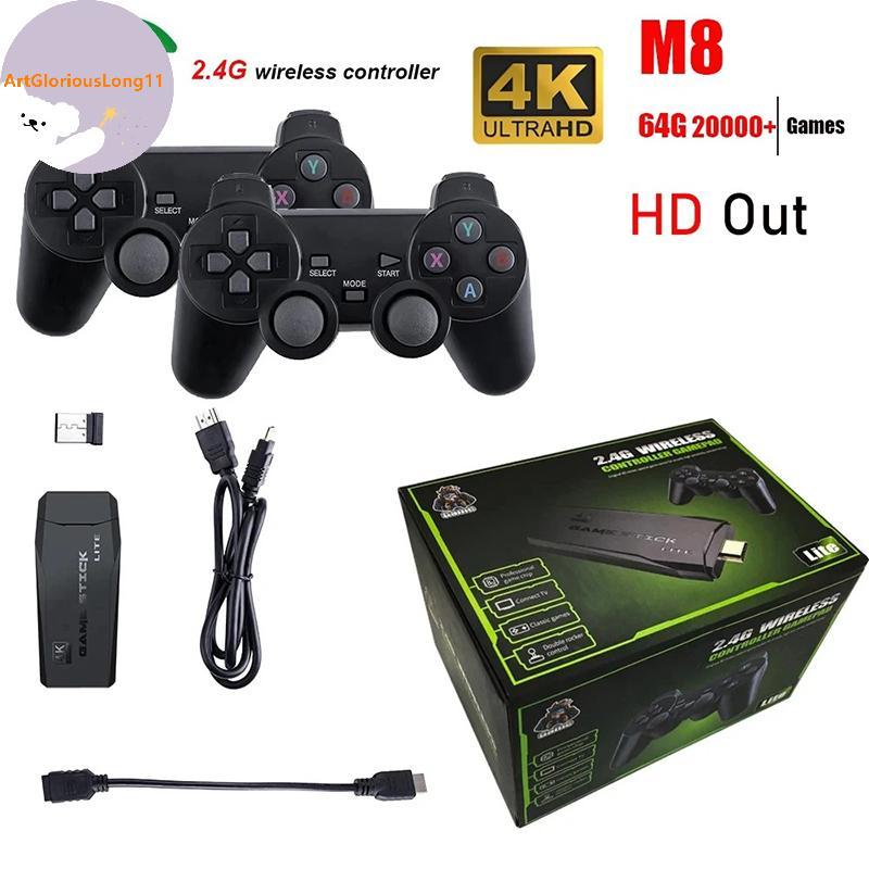 ArtGloriousLong Video Game Console 2.4G Double Wireless Controller Game Stick 4K 10000 Games 64GB Re