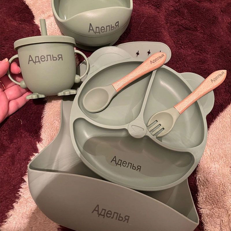 New Product#Custom Name Silicone Tableware6Set of Food-Grade Suction Plate Silicone children's plate