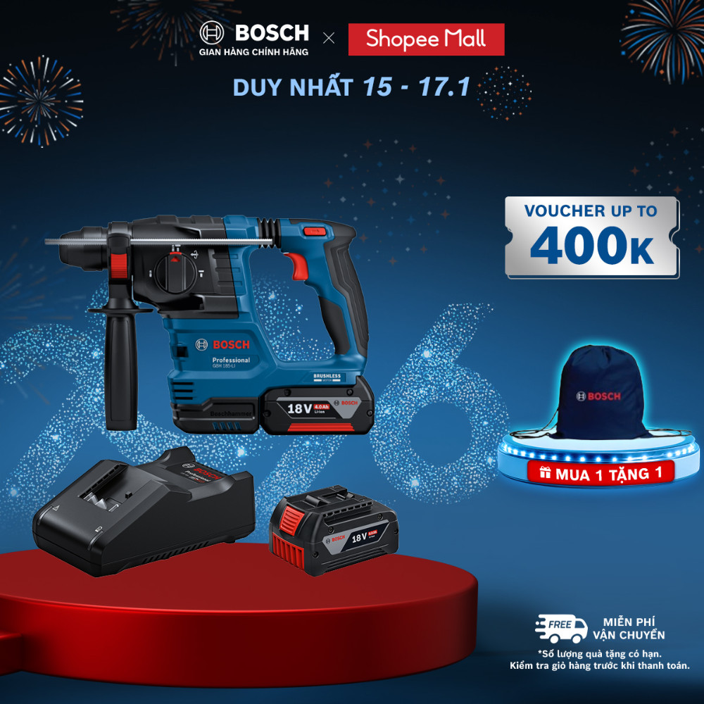 Máy khoan và đục Bosch GBH 185-LI + Bộ Sạc GAL 18V-40 và 1 Pin GBA 4.0Ah