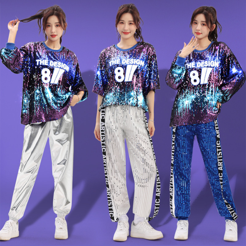Phụ Nữ Sáng Bóng Sequined Áo Quần Bạc Bộ Hip Hop Jazz Dance Performance Quần Áo Xanh bling bling bli