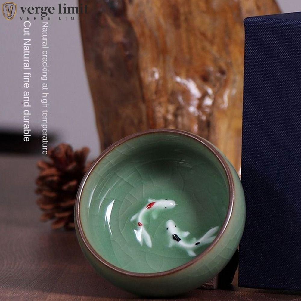 verge limit VERGE LIMIT Golden Fish Celadon Porcelain Teacups, Crackle 60ml Long Tuyền Tea Cup, Crac