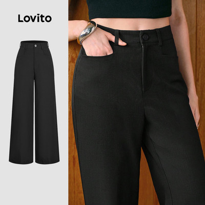 Lovito Quần nữ đen xuân hè cổ điển đa năng nút thanh lịch L172LD350