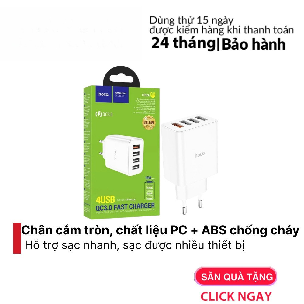 Củ sạc 4 cổng Hoco C102A QC 3.0A 28.5 W Hỗ Trợ Sạc Nhanh Sạc Thiết Kế Chân US / UK