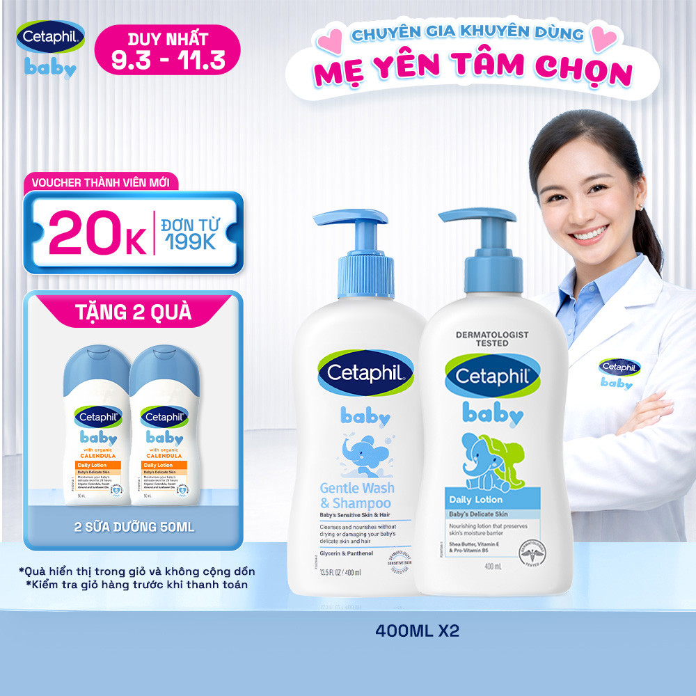 Combo Sữa tắm gội Cetaphil Baby Gentle Wash&Shampoo + Sữa dưỡng ẩm Cetaphil Baby Lotion 400ml/ chai