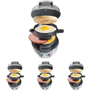 Máy làm bánh Sandwich ăn sáng đi biển Hamilton có vòng trứng, Cài đặt có thể tùy chỉnh, Hoàn hảo cho Muffins tiếng Anh, Croissants, Bánh quế Mini, Quà tặng voi trắng hoàn hảo, Bạc (25475)