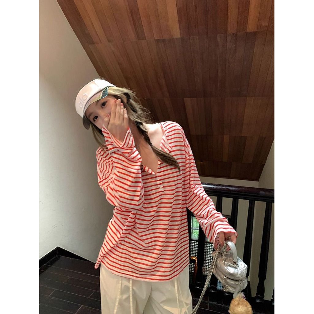Tencel Ribbed Korean Style Lazy Style Color-Block Striped Long-Sleeve Sun Protection Cover-Up Women'