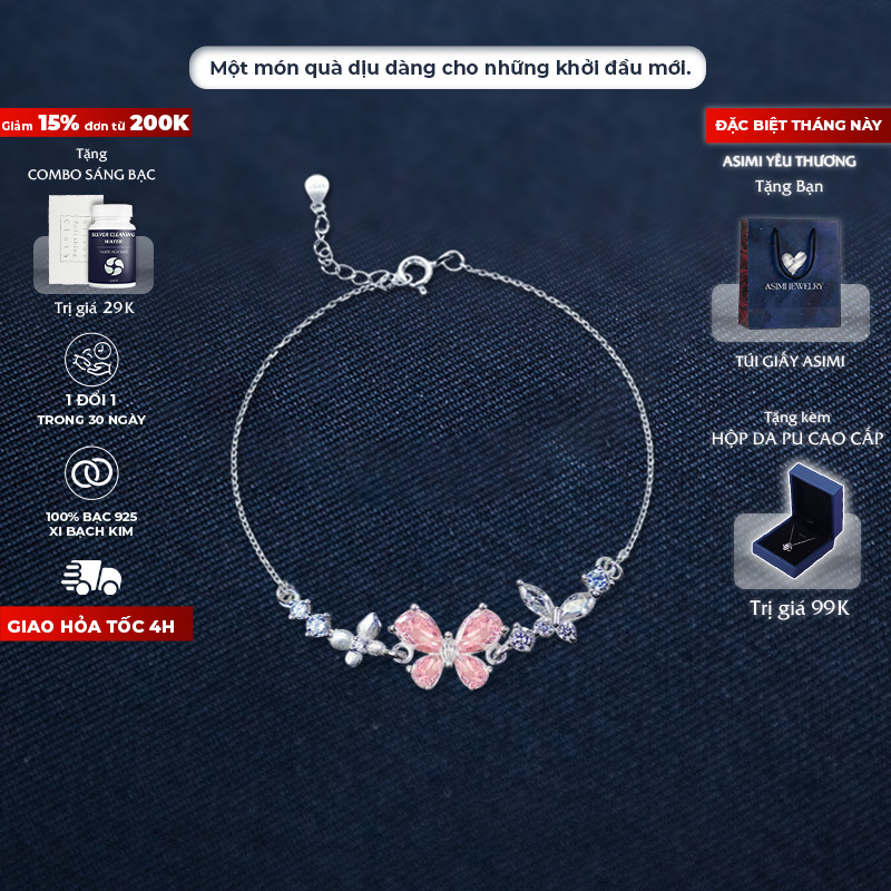 Lắc tay bạc Ý S925 Cánh Hồng Asimi, Lắc tay bạc nữ nhẹ nhàng nữ tính Rosé Wings LT53