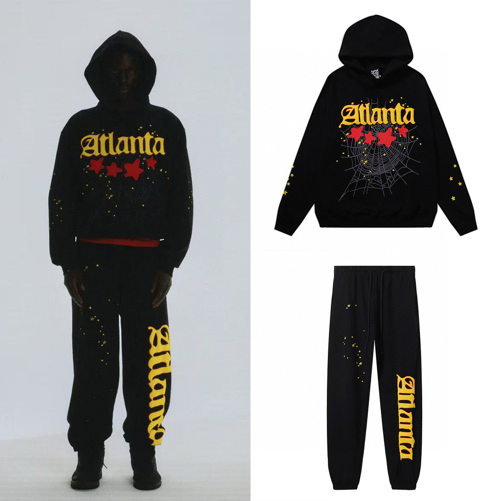 QL6K Sp5der Spider Web Print Terry Hoodie Sweatshirt and Pants Set for Men and Women in American Sty
