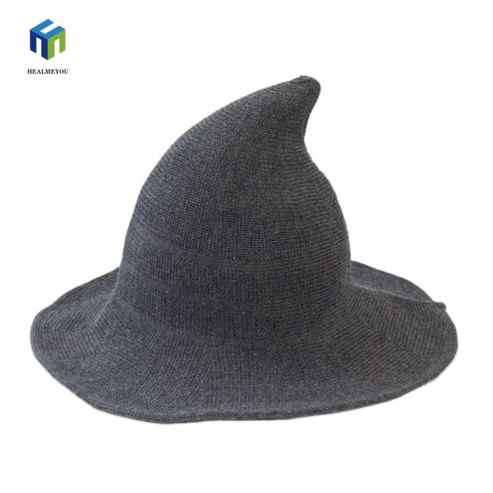 HEALMEYOU Mũ phù thủy, Mũ len đan len len len, Mũ lưu vực di động Tiệc Halloween màu trơn Hàn Quốc