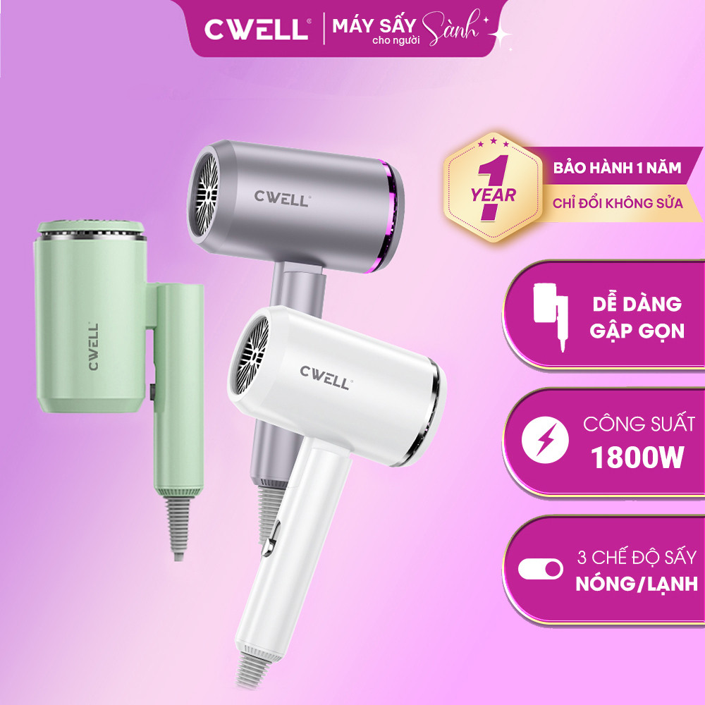 Máy sấy tóc có thể gập lại CWell 1800W có sưởi ấm và làm mát 2 chiều, 3 chế độ nhiệt, ánh sáng xanh 