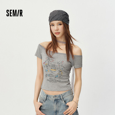 Semir Tay Ngắn Áo Nữ Mùa Hè Ngắn Ren Slash Cổ Slim 2026 Mới