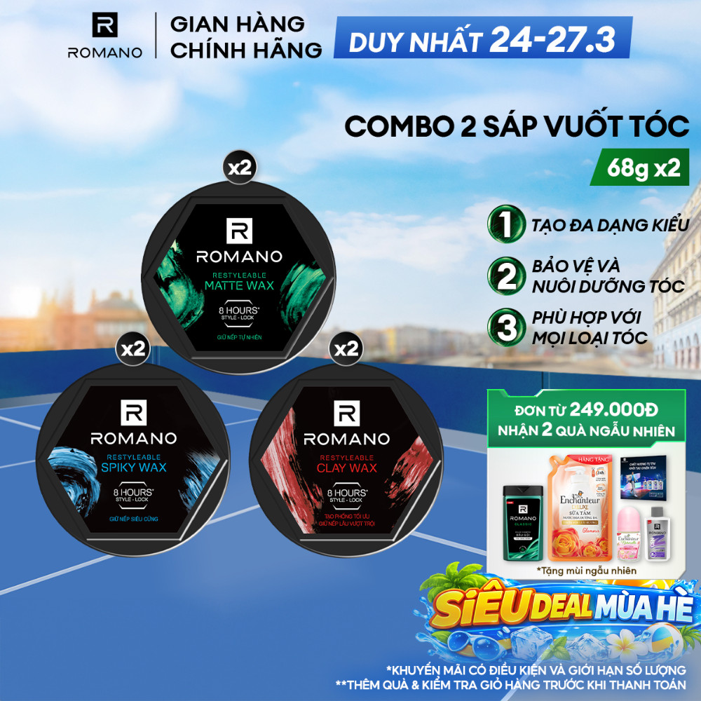 Combo 2 Sáp vuốt tóc nam Romano Restyleable 68g/hộp giữ nếp suốt 8h