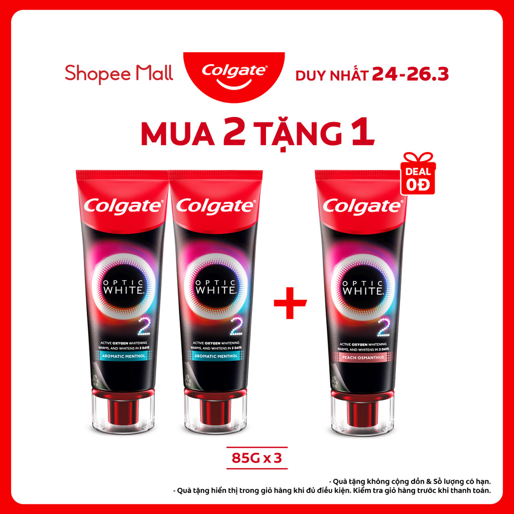 Bộ 2 Kem Đánh Răng Colgate trắng răng TRONG 3 NGÀY Optic White O2 với Oxy Hoạt Tính 85g/tuýp