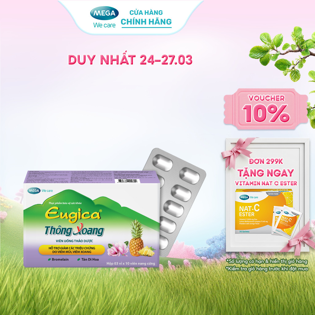 Viên uống thảo dược hỗ trợ giảm các triệu chứng do viêm mũi, viêm xoang EUGICA THÔNG XOANG (Hộp 3 vỉ x 10 viên)