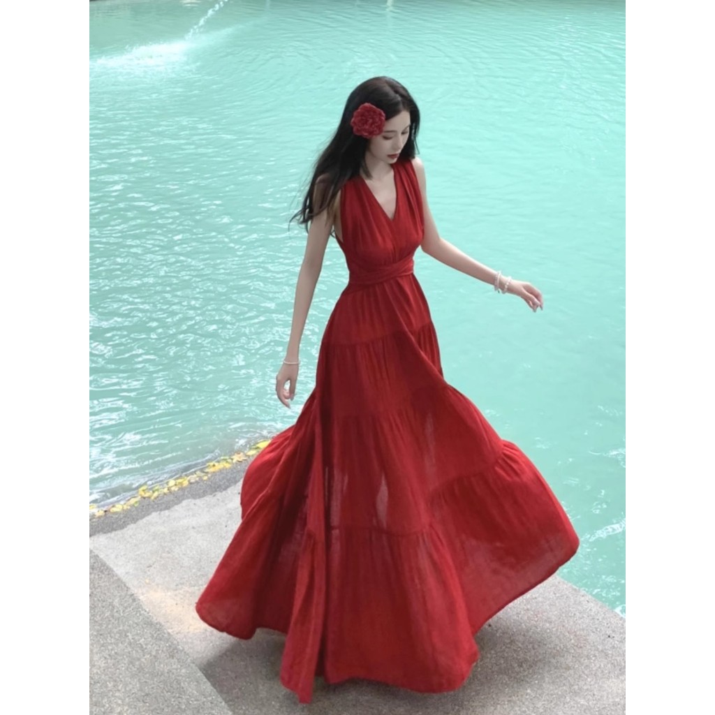 Váy dài cổ yếm hở lưng, đầm dáng dài thanh lịch dự tiệc tối