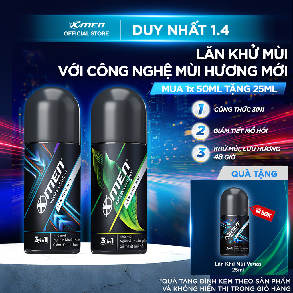 [MỚI] Combo Lăn khử mùi XMen Amazon Hunt/Vegas Delight 50ml và Lăn khử mùi Vegas Delight 25ml