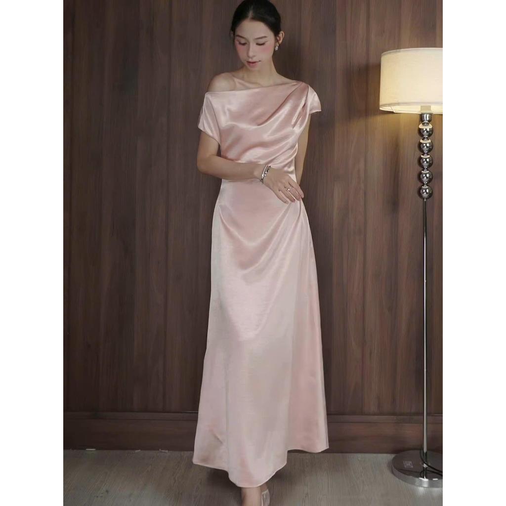 Đầm Nữ JOVEN Trista Midi Cổ Ngang Xếp Ly Vai