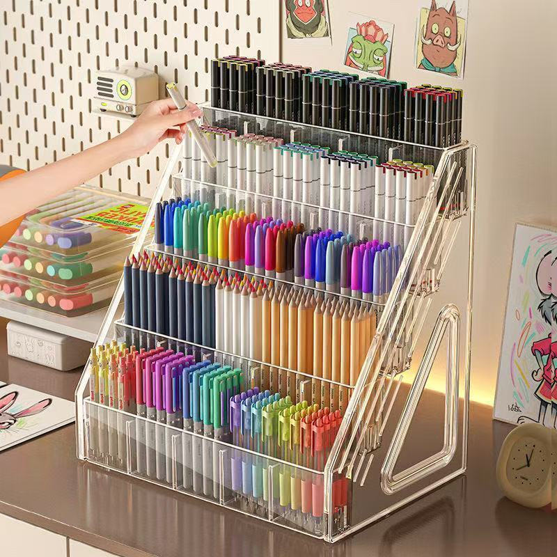 TB Spot Goods#Pen Holder Watercolor Pen Large Capacity Acrylic Divided Pen Holder Desk Top Brush Org
