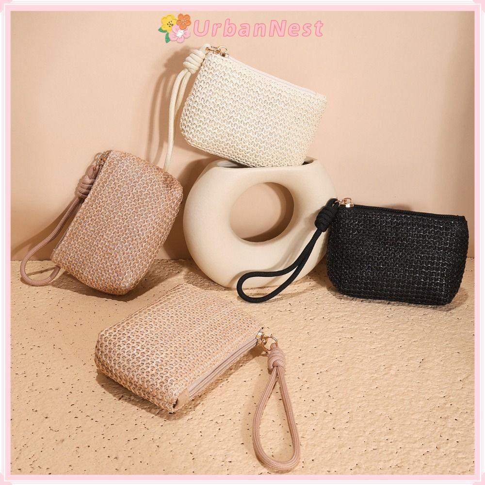 [Giao hàng từ Việt Nam] Ví đựng tiền xu đô thị, Ví mini có dây kéo bằng rơm, Túi thay đổi mini bền b