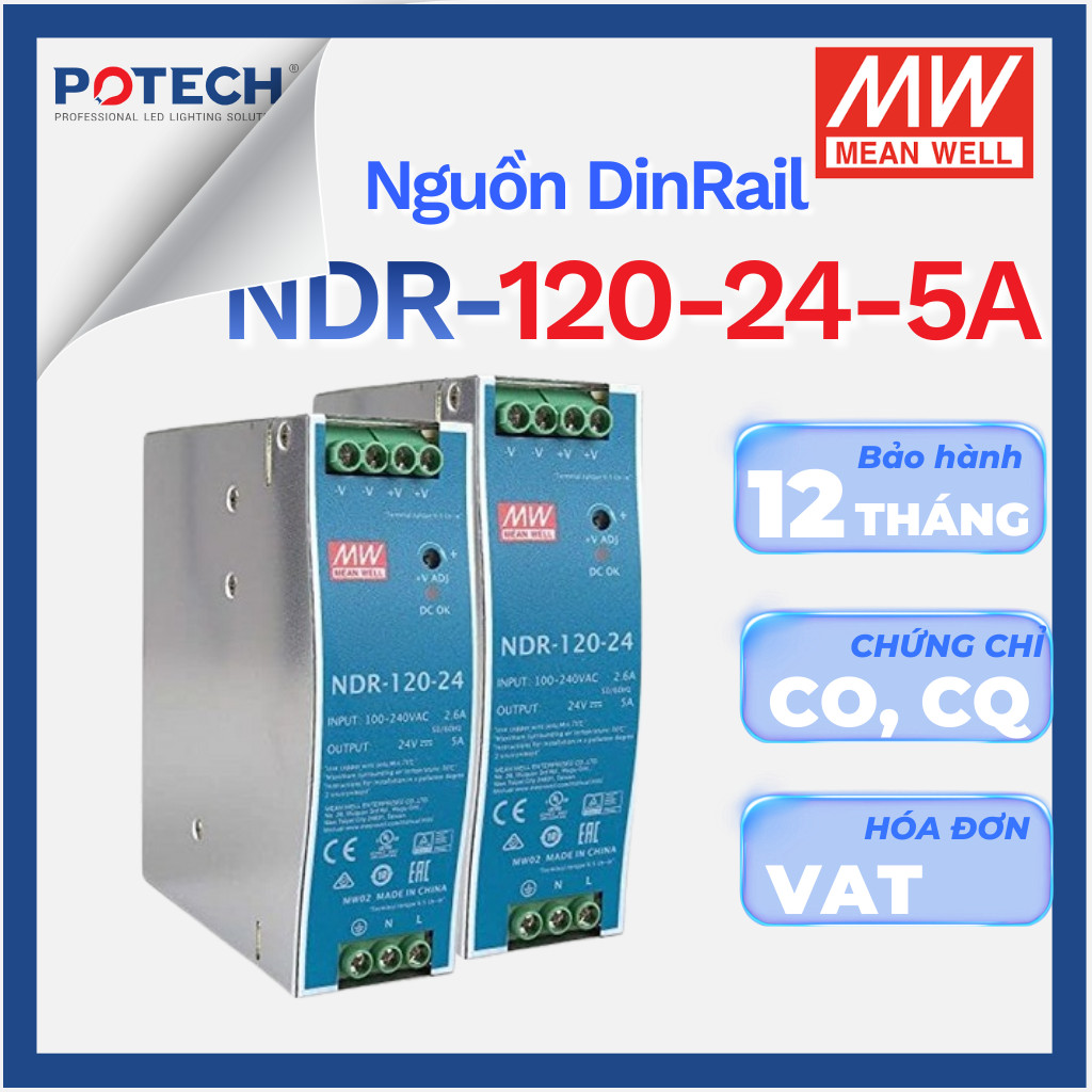 BH 1 năm| Bộ nguồn chính hãng MEANWELL NDR-120-12, NDR-120-24, NDR-120-48, nguồn Mean Well DIN ray