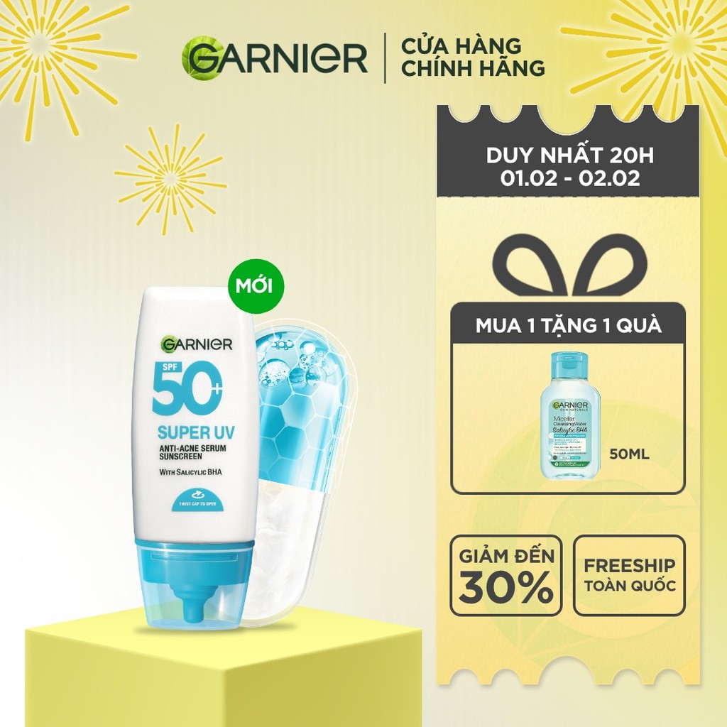 Kem Chống Nắng Garnier Phổ Rộng Kiềm Dầu Đến 12H & Hỗ Trợ Giảm Mụn Spf 50+PA++++ 30ML