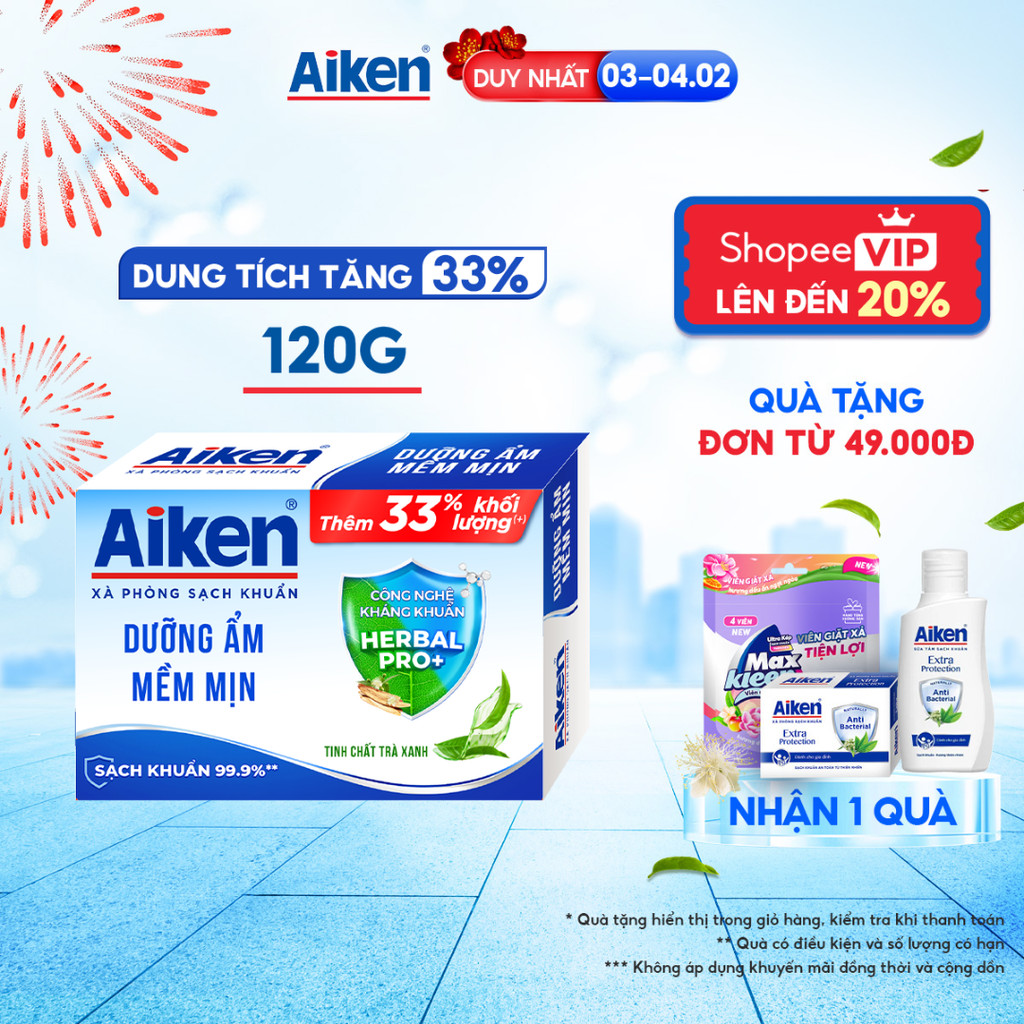 [TĂNG 33% DUNG TÍCH] Xà phòng Aiken sạch khuẩn Dưỡng Ẩm Mềm Mịn chiết xuất Trà xanh 120g