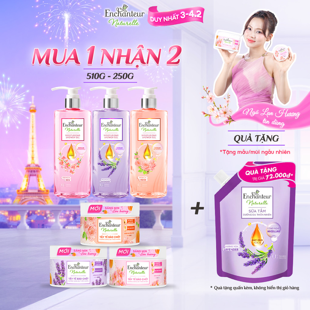 Sữa tắm dưỡng da thiên nhiên Pháp Enchanteur Naturelle hương hoa Lavender/Iris/ Rose cho làn da thơm