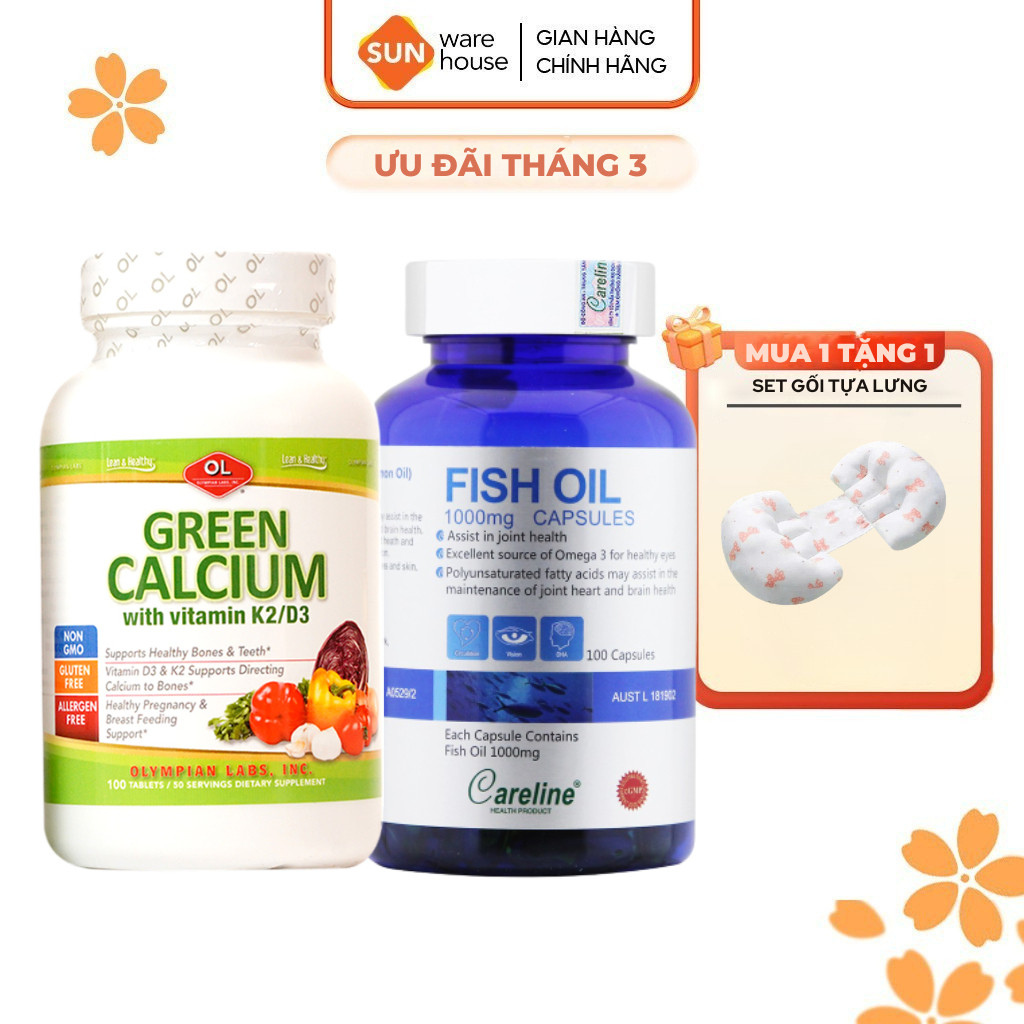 Combo Vitamin Bầu Gồm Canxi Hữu Cơ Olympian Labs Green Calcium Và CareLine Fish Oil Cho Bà Bầu