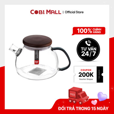 Bình Trà Thuỷ Tinh Dung Tích 580ml Có Nắp Và Tay Cầm Gỗ, Chịu Được Nhiệt Độ Cao Cobi Home